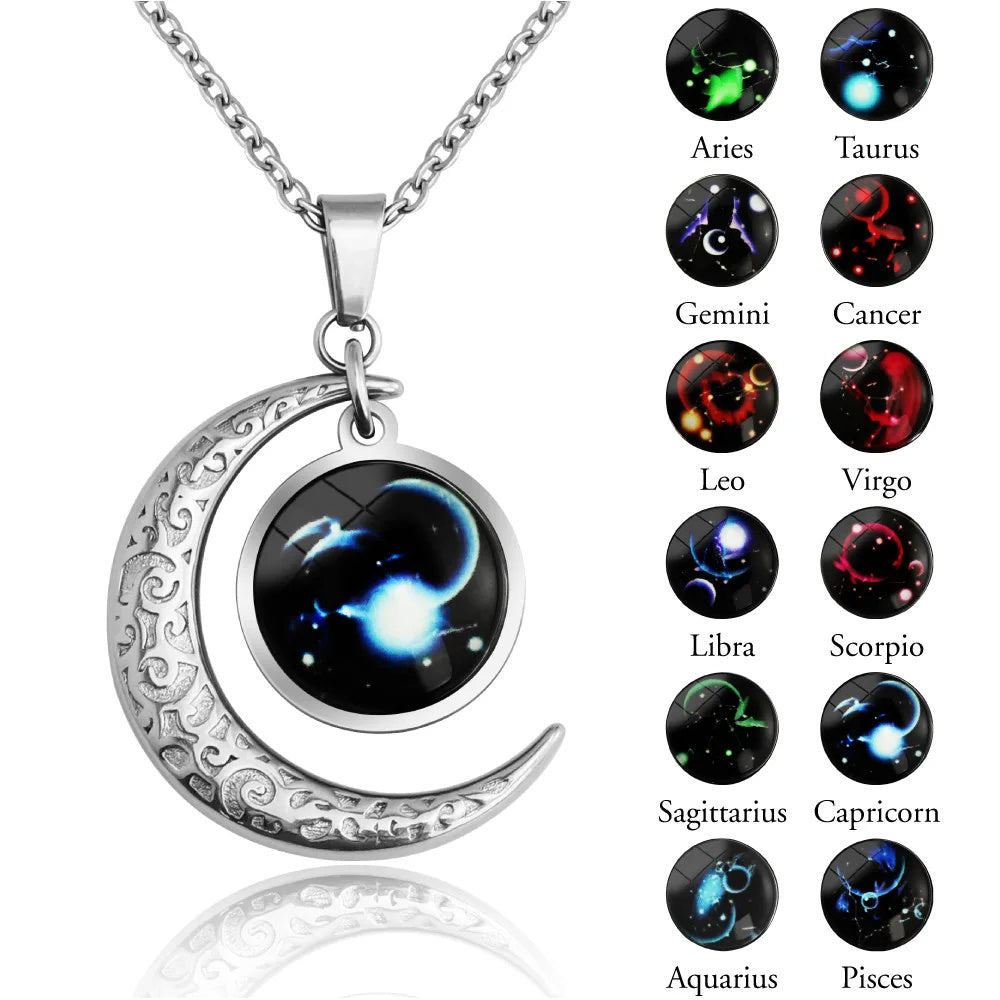 12 Const ellation Moon Star glühende Halskette Charme Schmuck Damen Anhänger hohl leuchtender Stein Anhänger Halskette Geschenk